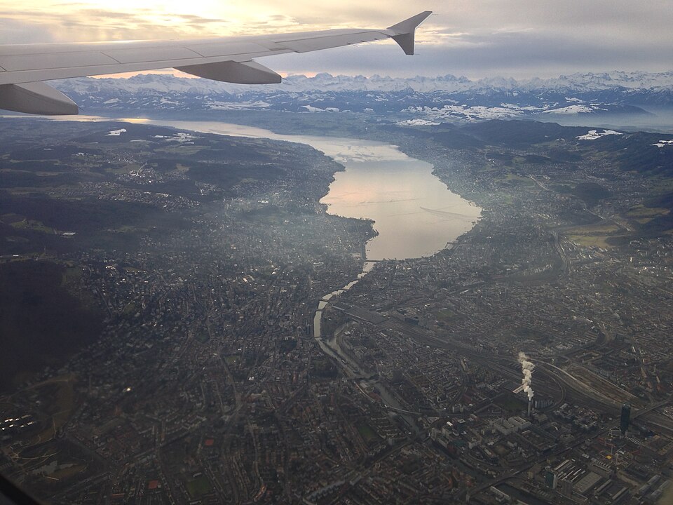 Zurich city and Lake Zurich with the Alps behind, Switzerland