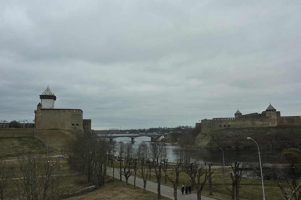 Narva Hermann Castle with the Ivangorod fortress across the river, Estonia